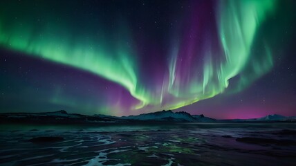 Naklejka premium Magical aurora borealis waves in a starry night sky, vivid green and purple lights, smooth blending, dark background, no humans