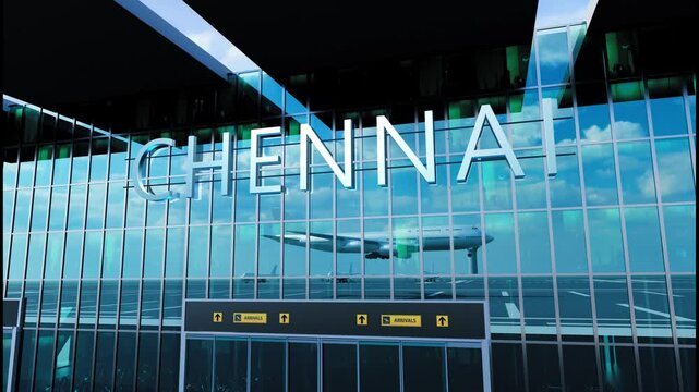 Airlane landing at Chennai. Arrival in the city with reflection of airport and aircraft