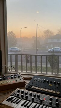 Home music studio with synthesizers and drum machines. Creative workspace overlooking a foggy street at sunrise.