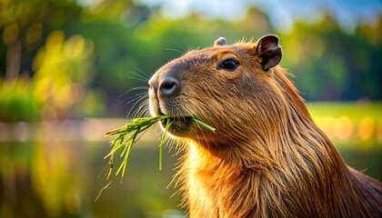Close-Up of a Capybara Eating Grass Near a Tranquil Water Body Surrounded by Lush Vegetation