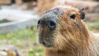 Close-Up View of a Capybara with Wet Nose and Textured Fur in Natural Habitat Setting