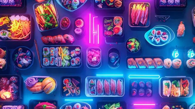 Array of asian cuisine, from sushi and noodles to other exotic dishes, illuminated by neon lights.