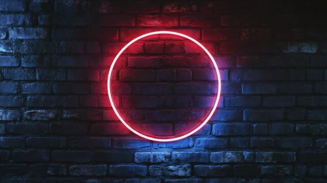 Red neon circle on a dark brick wall.
