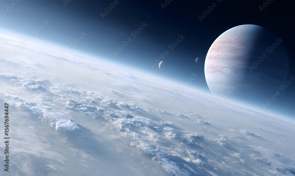 Wall mural a space-based image of an enigmatic solar system with strange planets and futuristic ships gliding t