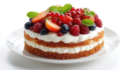 cake with fruits and cream on white background.