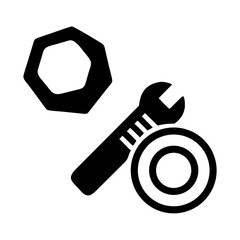 Wrench, nut, and washer black silhouette icon. Repair, maintenance, and engineering tools vector.