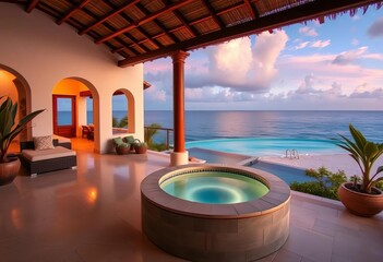 Luxurious Mexican resort patio with private plunge pool and ocean view,  mexico,   white