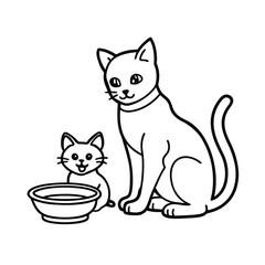 Cat feeding tiny kitten beside food bowl with care on white background Vector illustration