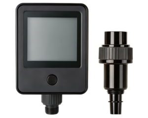 Electronic garden water timer with digital display and adapter on a transparent background