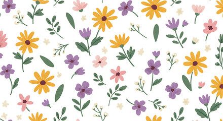 Pretty Floral Pattern Seamless Design with Yellow, Purple, and Pink Flowers