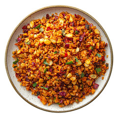 A healthy and spicy vegetarian meal featuring dried red chilies and tomatoes in a white bowl