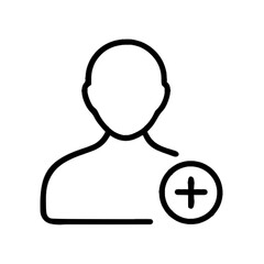 Vector illustration of a user profile icon with plus sign, outline style - symbolizing adding new user, follow, friend, or contact concept 