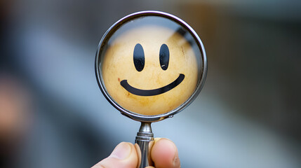 Magnifying glass enhances smiley face, symbolizing changing emotions and positivity