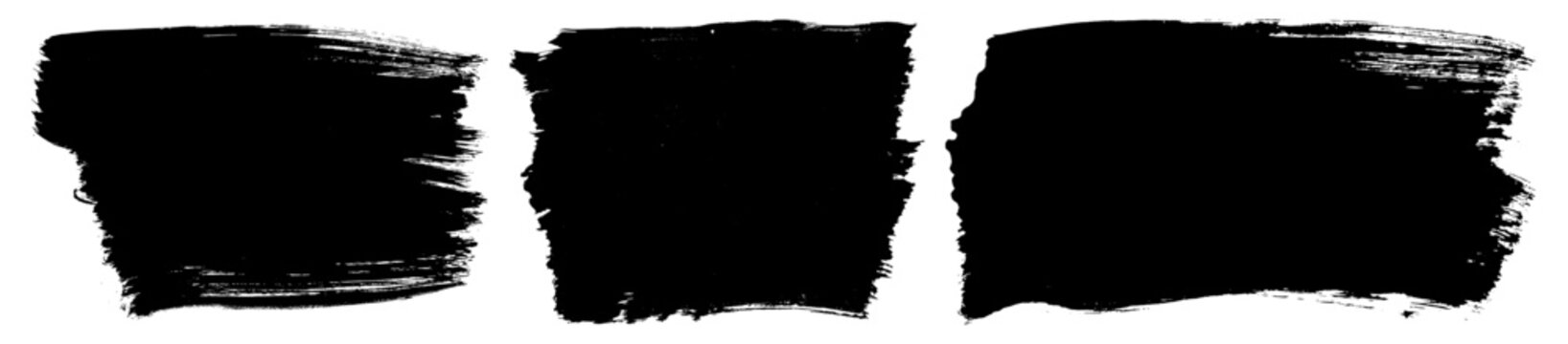 Brush paint stroke vector background. Black ink texture on white paper. Wide bold brush stroke frames. Grungy isolated calligraphic smears. Set of dirty distressed square text boxes. Grunge bg