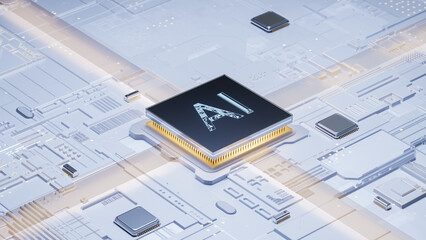Digital art style 3D rendering showcasing AI semiconductor chip on high - tech circuit board for innovation themes