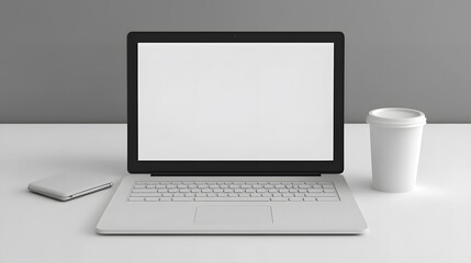 Fototapeta premium Clean white office desk setup with modern laptop and coffee cup, creating minimalist and professional workspace