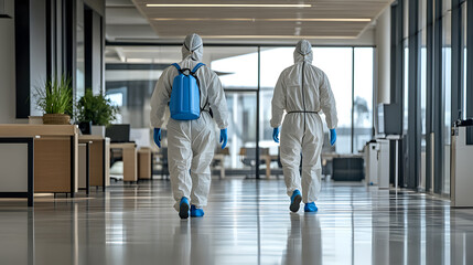 Two people in protective suits walk through modern office, disinfecting surfaces for safety