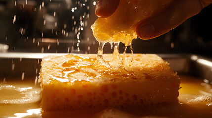 Hand squeezing dishwashing liquid onto yellow sponge, creating bubbles and foam in kitchen setting