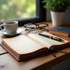 A close-up shot of a vintage leather notebook lying open on a wooden desk, with a fountain pen resting beside it. The desk is adorned with a small potted plant, a coffee cup, and a pair of glasses. So