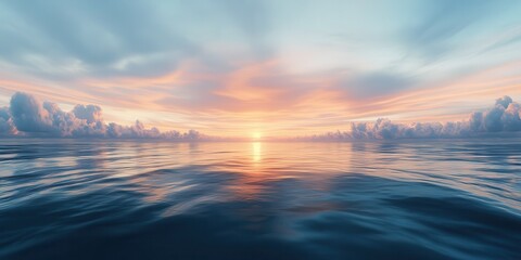 Equirectangular 360-degree panorama of the ocean at sunrise, with clouds and sun reflecting on the water, centered in the frame, seamless HDRI environment map.