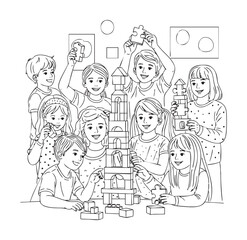 A lively black and white line art illustration depicting a joyful group of diverse children actively engaged in collaborative play.