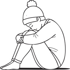 Obraz premium A poignant black and white line art illustration depicting a person wearing a cozy pom-pom beanie and warm clothing, sitting with their knees drawn up to their chest and head bowed