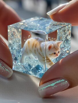 Tiny kitten inside a transparent crystal cube