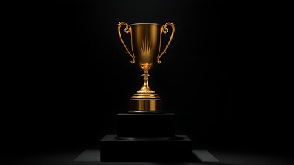 Golden trophy displayed elegantly on a pedestal against a dark backdrop.