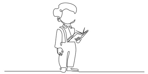 one continuous line drawing of a boy holding a book.single line drawing of a male student.concept of education line art eps 10