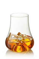 Glass of scotch whiskey and ice isolated on white background with clipping path