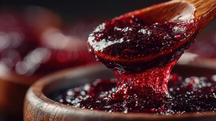 Close up of jam dripping from a wooden spoon, checking consistency