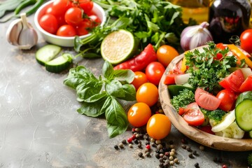 Fresh vegetables and spices arranged on a kitchen table, promoting a healthy lifestyle