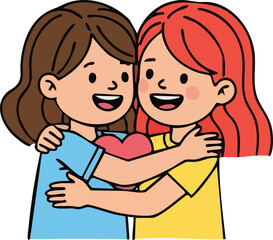A charming and colorful vector illustration depicting two young girls in a warm hug, holding a heart, symbolizing deep affection, friendship, and joy.