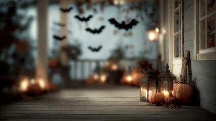 Blurry rustic porch with pumpkins, lanterns, and bats in motion, Halloween background, homely fear. 