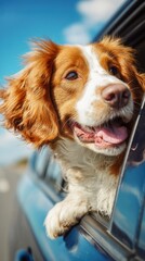  A happy dog ​​looks out of a car window during a summer road trip