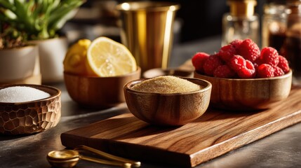 Kitchen counter with measured ingredients, sugar, lemon, pectin, berries in bowls, organized workspace