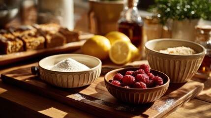 Kitchen counter with measured ingredients, sugar, lemon, pectin, berries in bowls, organized workspace