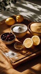 Kitchen counter with measured ingredients, sugar, lemon, pectin, berries in bowls, organized workspace