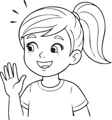 A charming black and white vector illustration of a young girl with a bright smile and freckles, happily waving