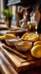 Kitchen counter with measured ingredients, sugar, lemon, pectin, berries in bowls, organized workspace