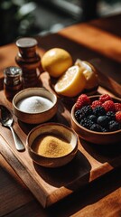 Kitchen counter with measured ingredients, sugar, lemon, pectin, berries in bowls, organized workspace
