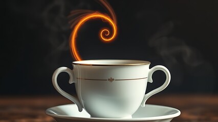 Vintage coffee cup with an infinite glowing spiral, symbolizing longevity and ritual.