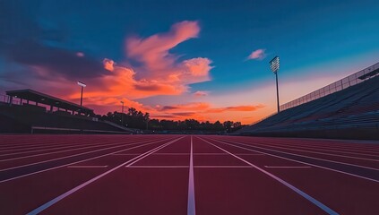 A photograph of an empty red running track with white lines leading to the horizon, in front of stands at sunset. The sky is blue, and there are some clouds.
