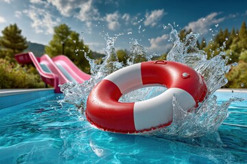  red circular float sliding down slide in water park, sunny day