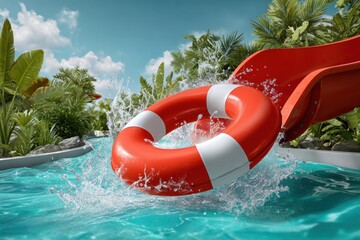  red circular float sliding down slide in water park, sunny day