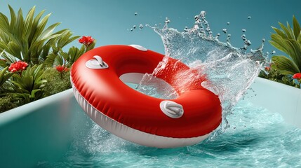  red circular float sliding down slide in water park, sunny day