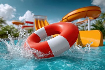  red circular float sliding down slide in water park, sunny day