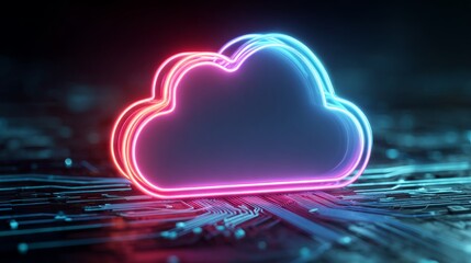 Glowing cloud computing icon symbolizes future technology on a circuit board, indicating digital data storage.