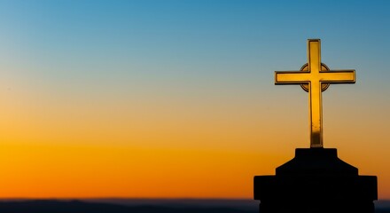 A golden cross is held high above the altar looking like a silhouette at sunrise.