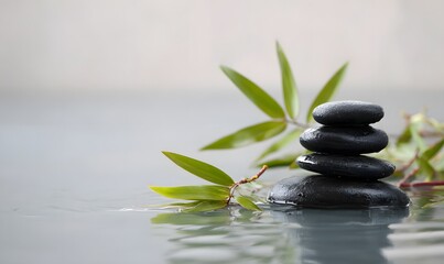A tranquil scene of smooth black rocks stacked on top of each other, with bamboo leaves floating in the water beside them, Generative AI